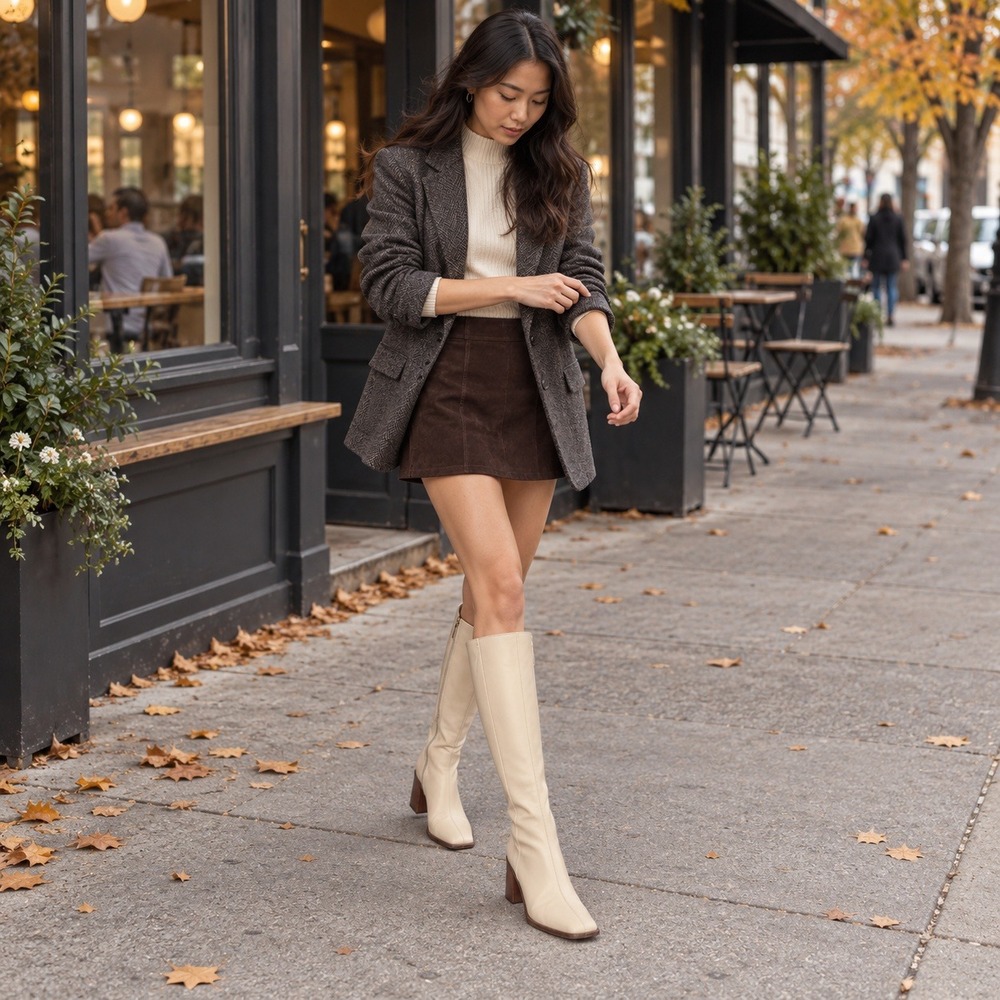 Alohas East Cream Leather Square Toe Knee High Block Heel Boots Size 39/ US 8